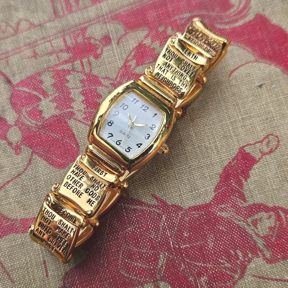 Avon Ten Commandments Scrolls Watch Gold Tone Vintage Religious Expansion Band